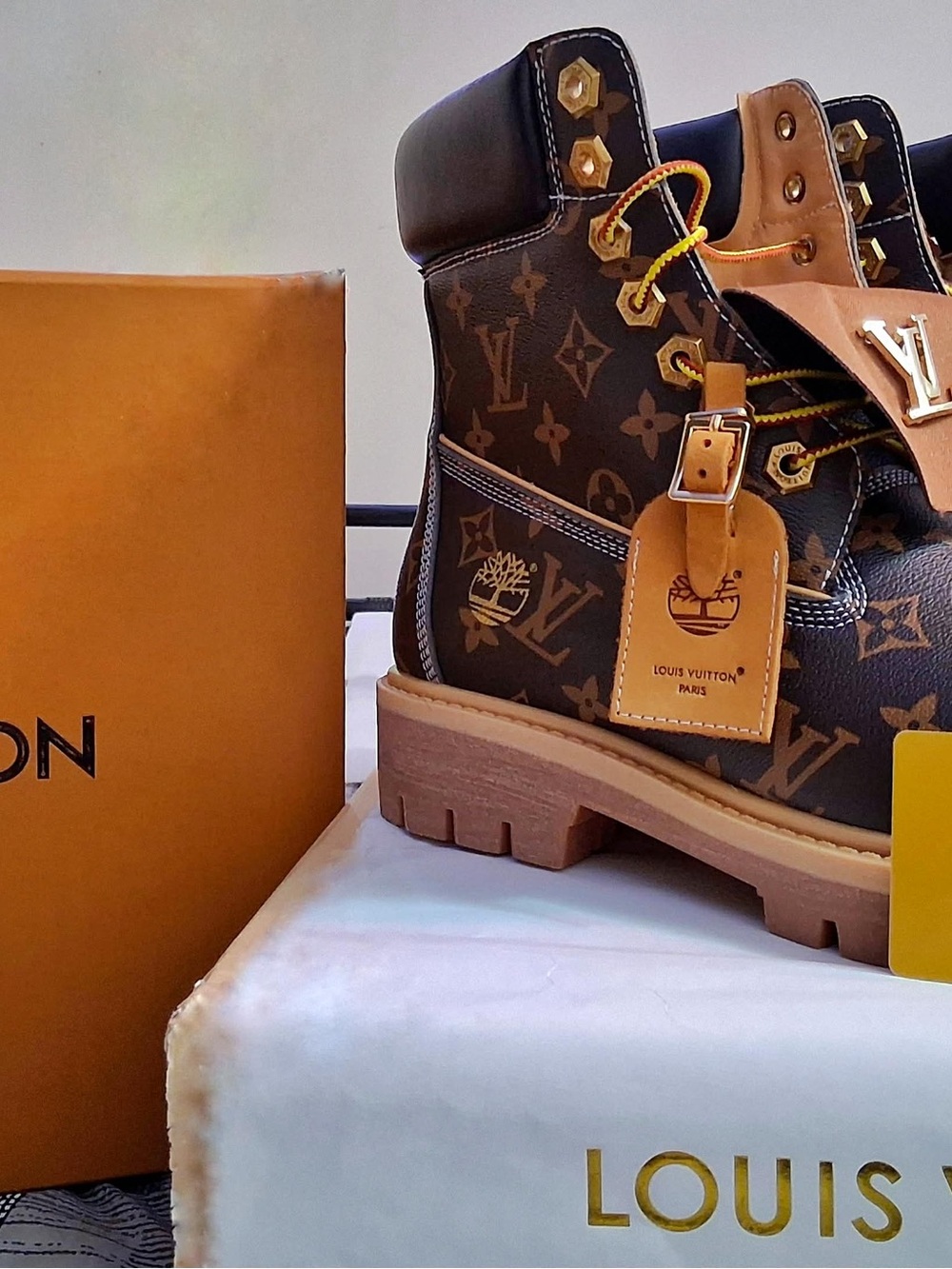 Louis Vuitton Monogram Brown and Tan Hiking Boot with Gold Hardware